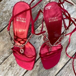 Stewart Weitzman crystals in metal ankle tie heels